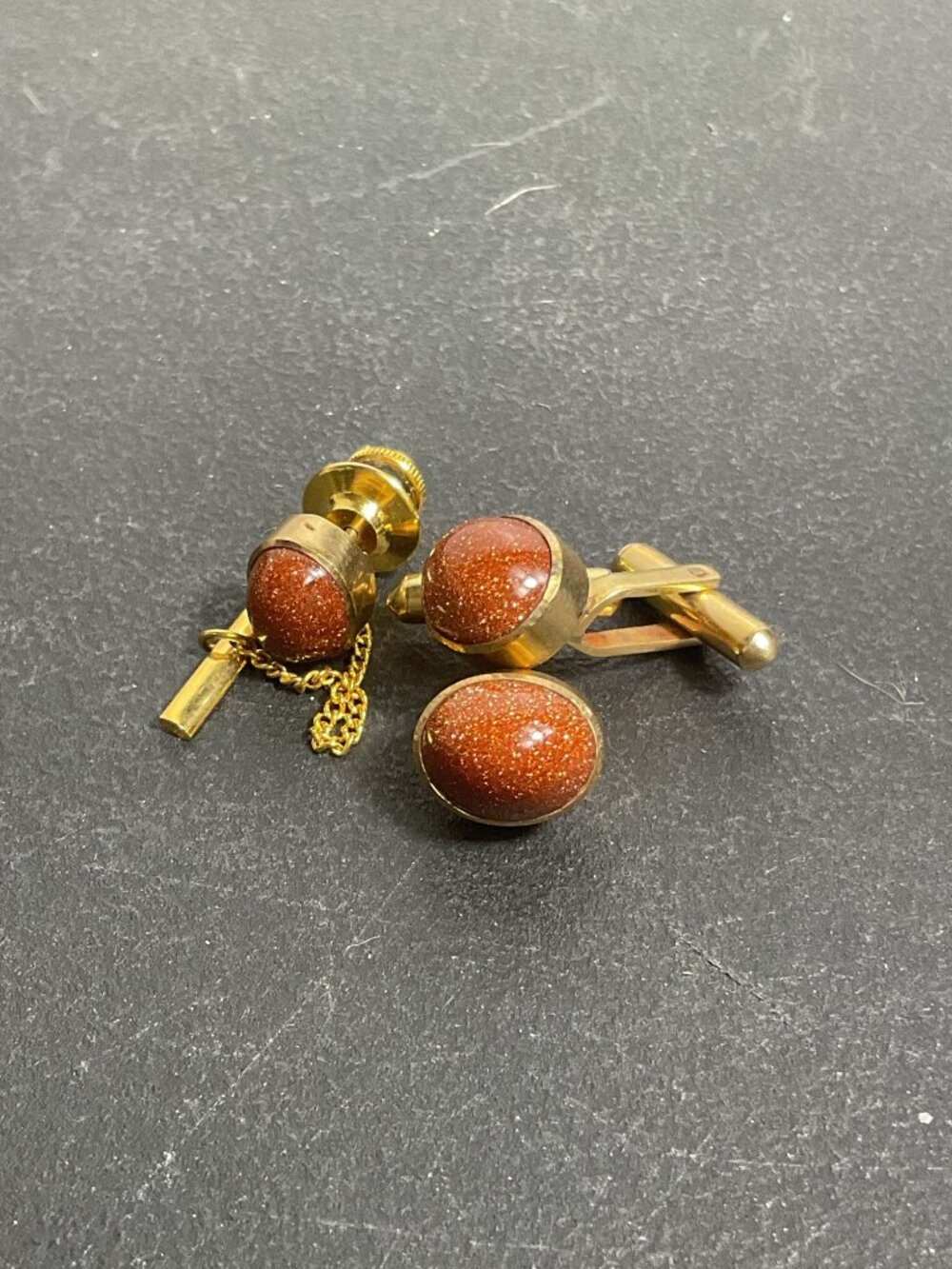 Vintage Goldstone Cufflink & Tie Tack Set Mid Century Gold MCM Aesthetic Sparkle